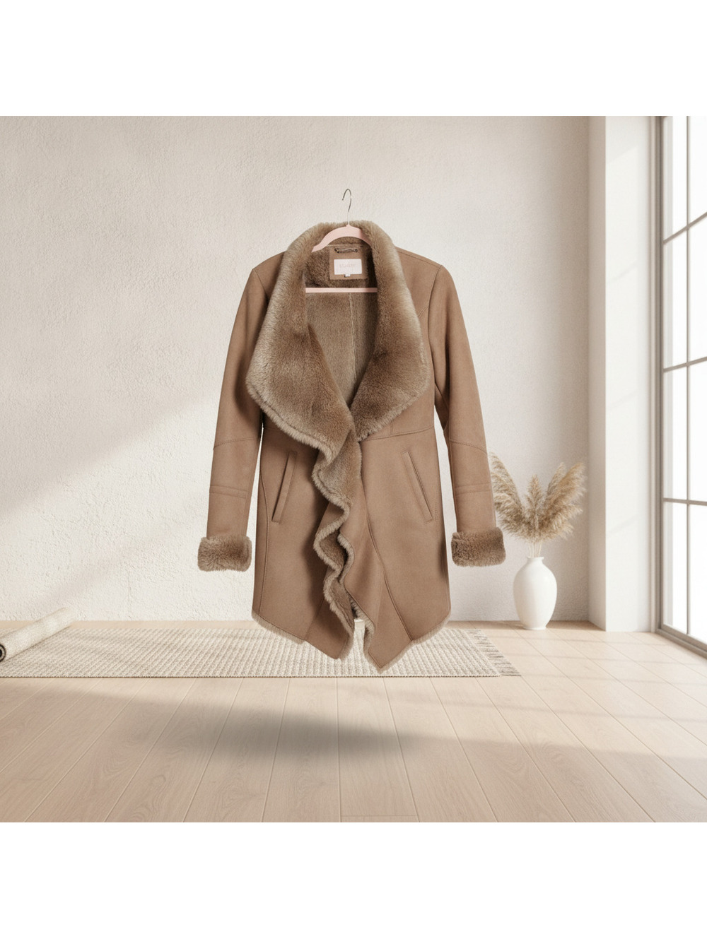 Laundry by Shelli Segal Faux Fur Trimmed Coat Tan S Women
